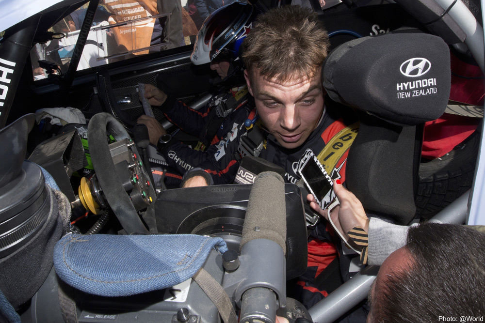 Hayden Paddon gives an interview at the end of a special Stage on Rally Argentina